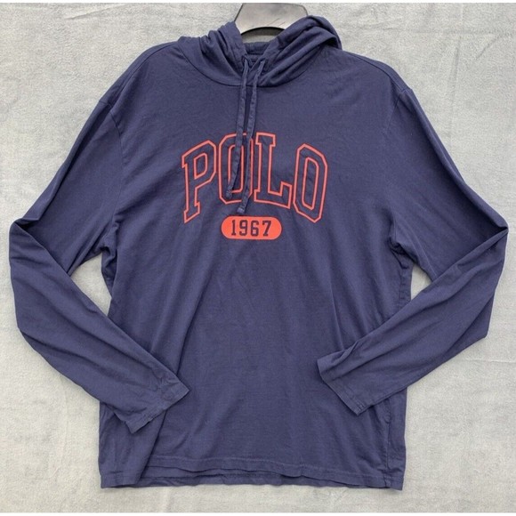 Polo Ralph Lauren Men's Long Sleeve Hooded Tee Shirt Large Navy Spell Out - Picture 1 of 13